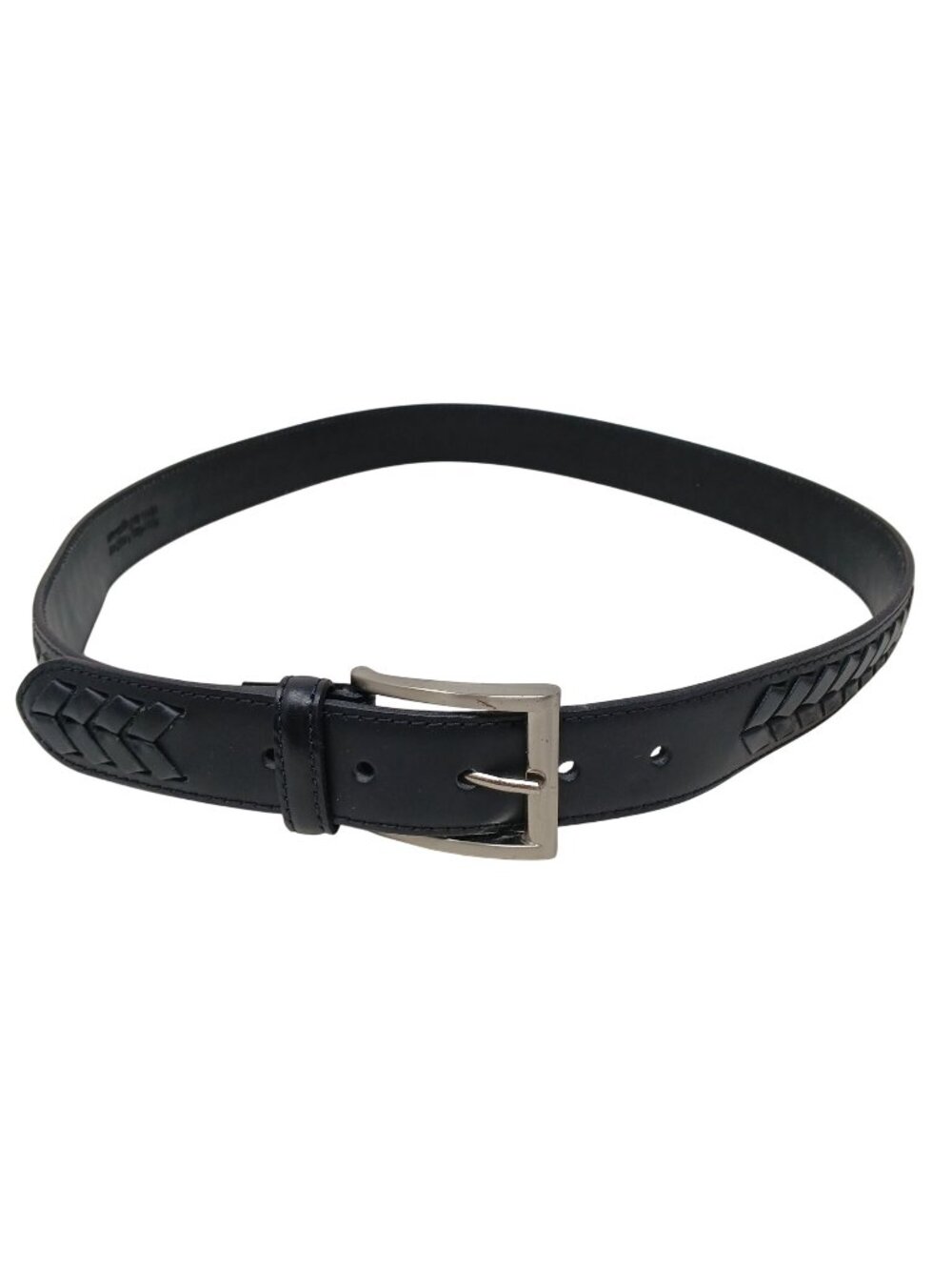 Black Leather Belt Braided Accent & Silver-Tone Buckle Size 100 CM / 39 Inch D4Z